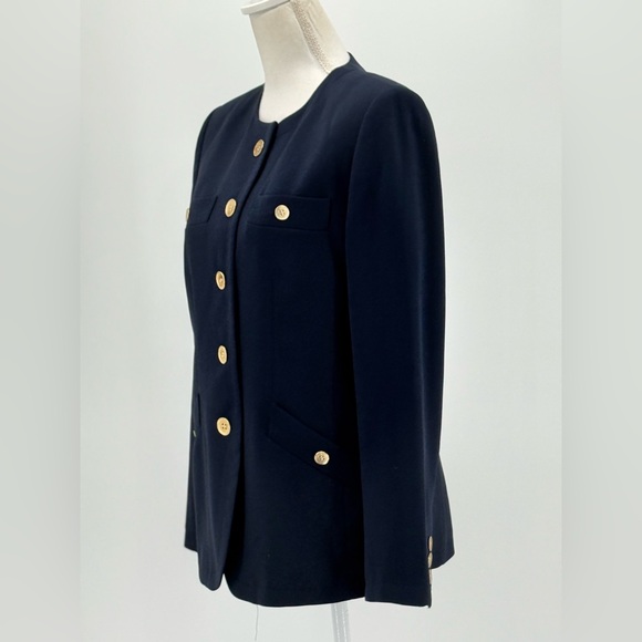 Kasper Womens Navy Gold Button Blazer 8 Structured Minimalist Classic Jacket - Picture 2 of 8